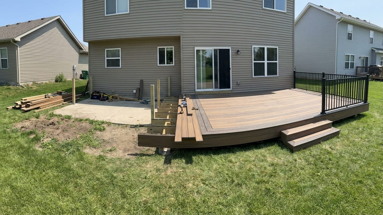Suburban backyard before and after a finished composite deck render generated from a real photo