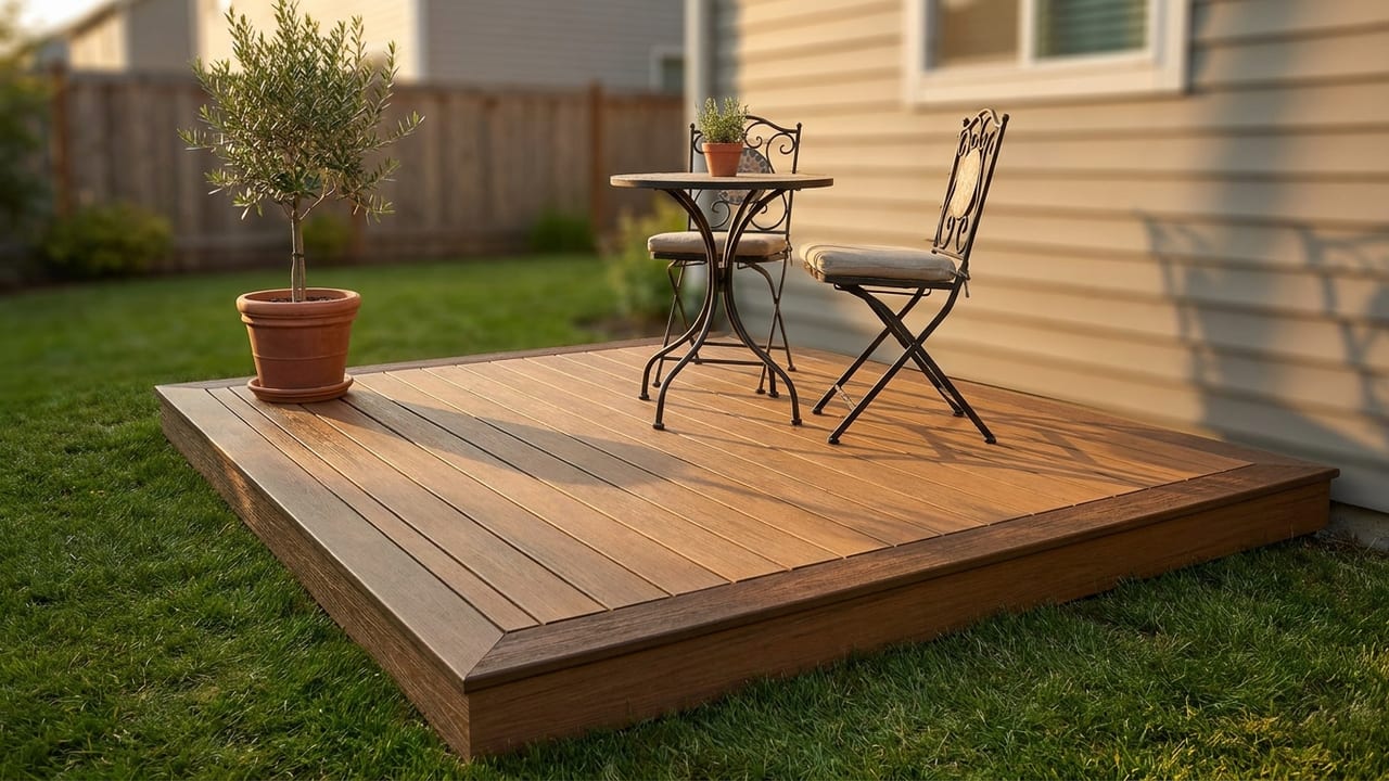 Compact composite deck around 100 square feet with a bistro set, rendered on a small suburban backyard photo