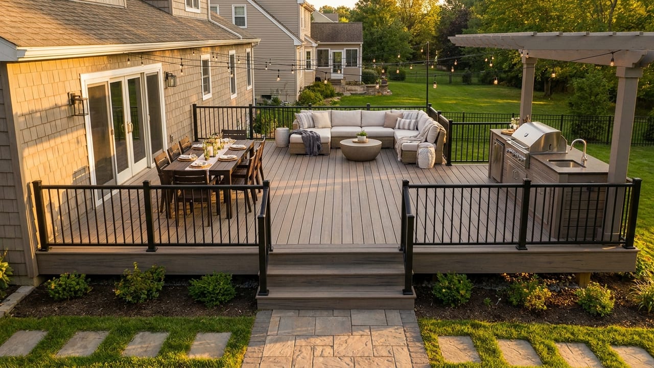 Large composite deck with separate dining and lounge zones, rendered on a wide suburban backyard photo
