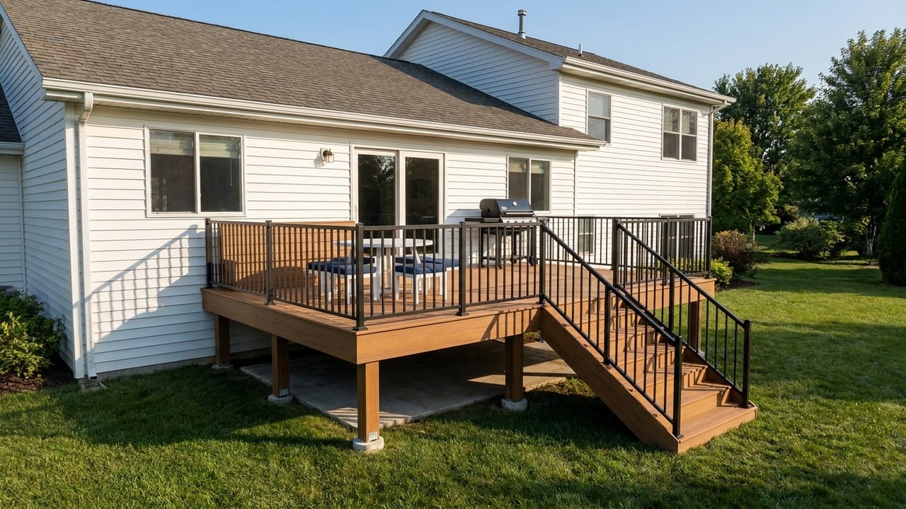 Family gathering deck deck template: Room for Sunday dinner, the grill, extra bench seating, and wide stairs down to the yard.