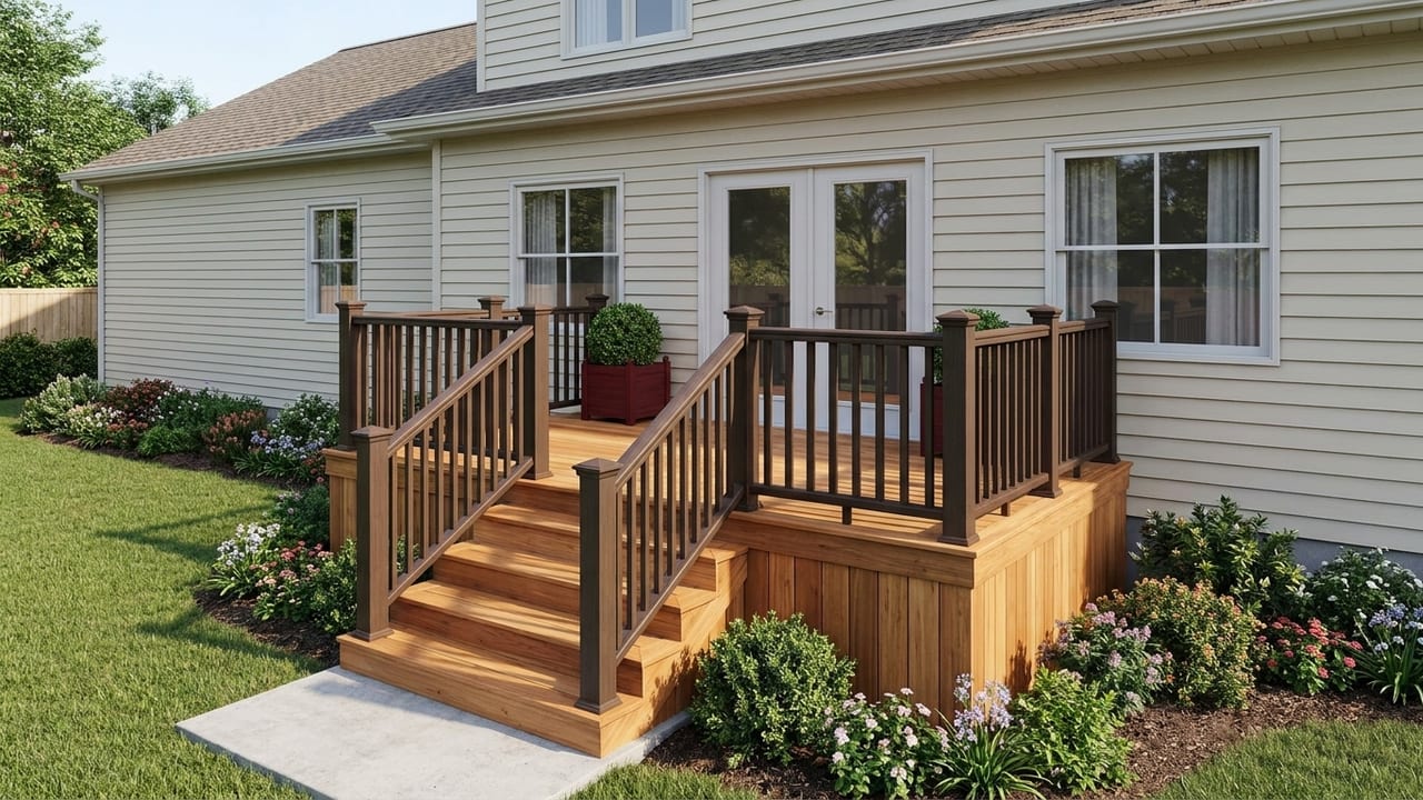 Garden starter deck deck template: A compact cedar first deck with planters, matched skirting, and an easy garden landing.