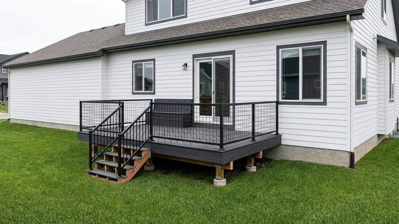 Modern mesh platform deck template: A clean charcoal platform with architectural mesh rails and a built-in back-edge bench.