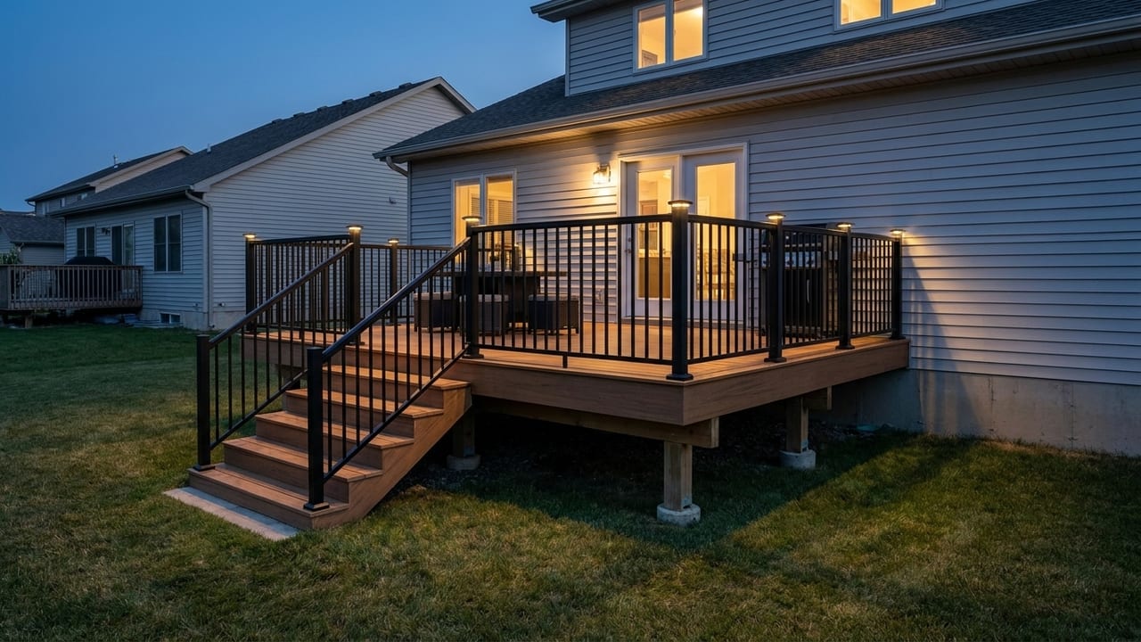 Outdoor dining deck deck template: A dinner-party layout with a real table zone, tucked-away grill, and post-cap glow at dusk.