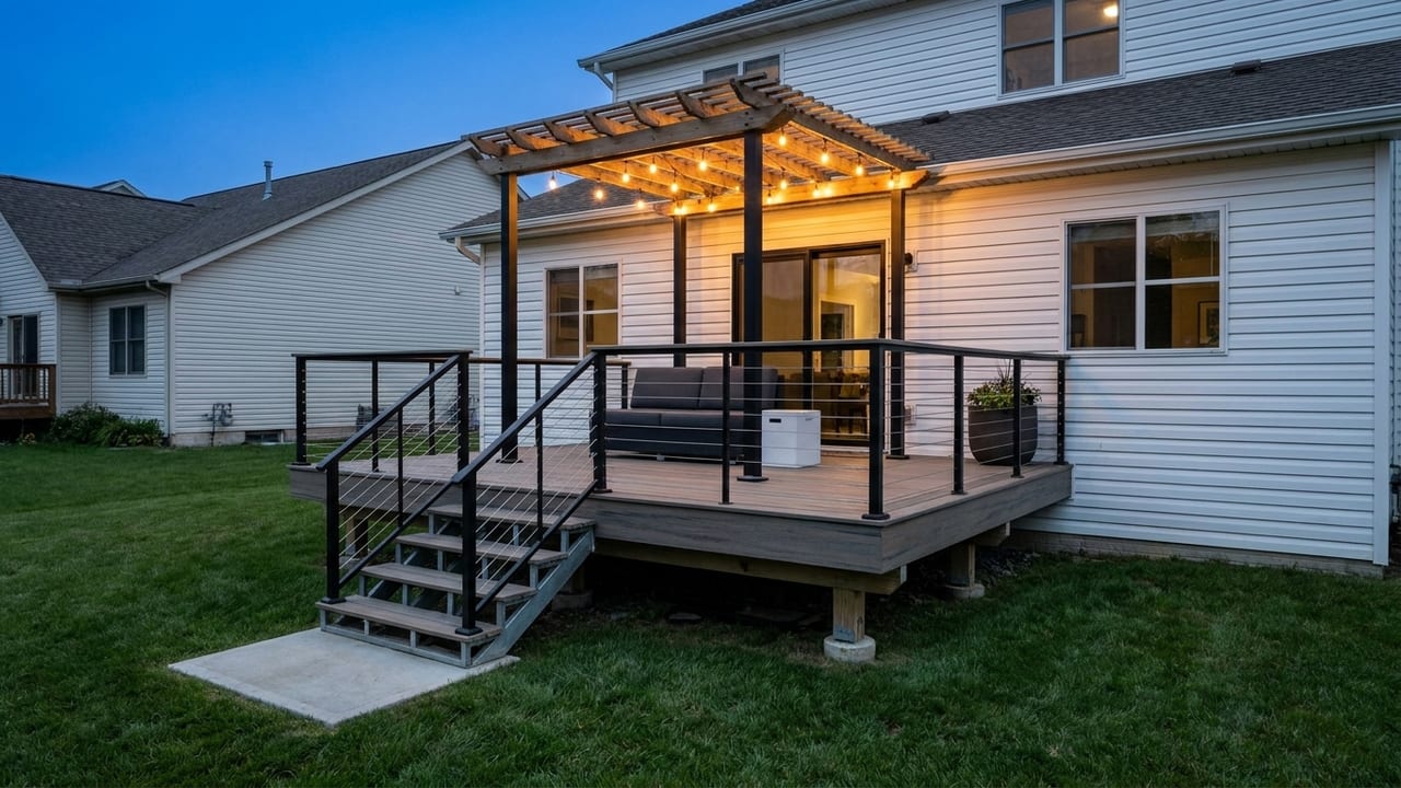 Pergola retreat deck template: Picture-frame boards, a shaded pergola lounge, and string lights for slow evenings.