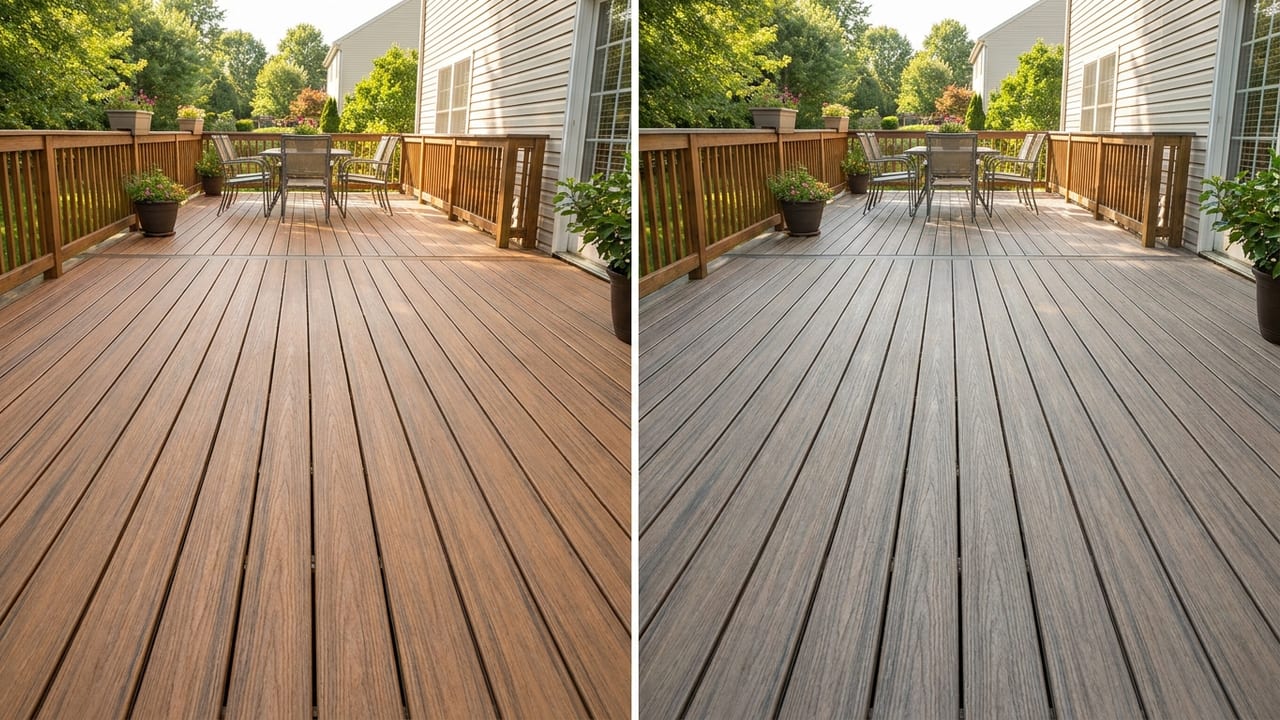 Split view of the same backyard deck rendered in two different capped composite decking board colors