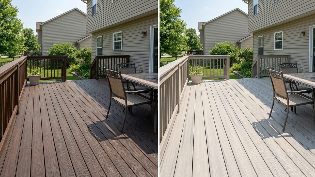 Split view of the same backyard deck rendered in capped composite boards and in lighter PVC decking